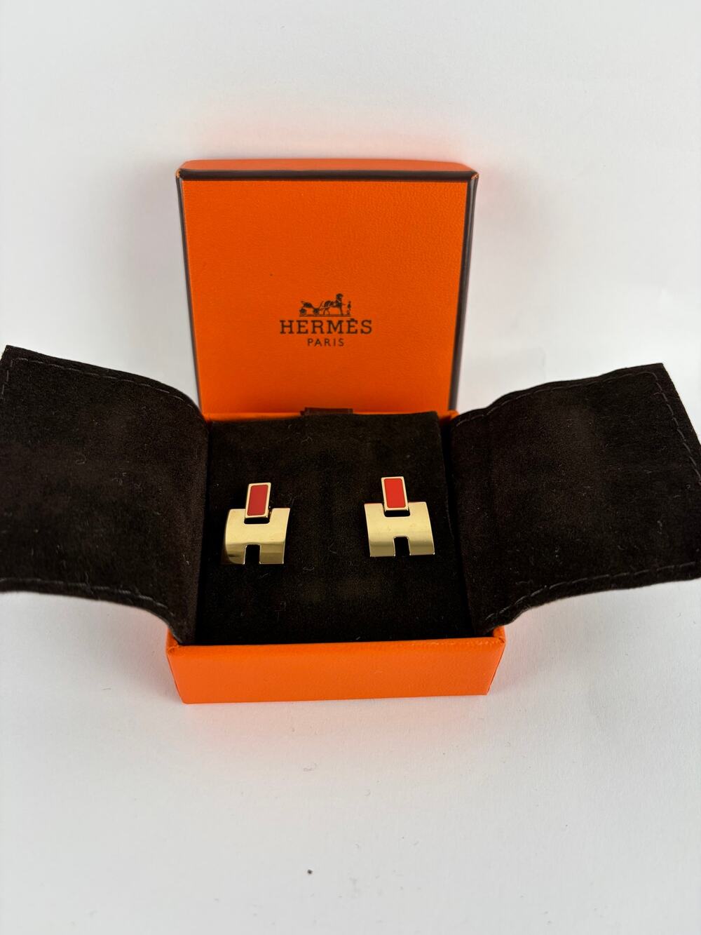 Hermès Elaine Drop Earrings, Gold-Tone Brass & Rust Red Enamel, Box + Pouch
